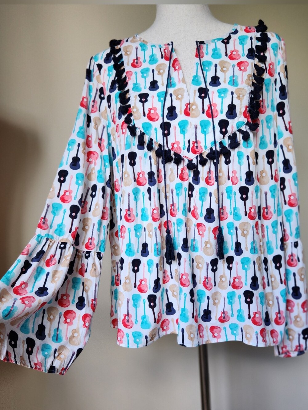 Guitar Print Tassel Pom Pom Blouse Bell Sleeve Boho Music Teacher Top Peasant L